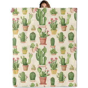Flannel Blanket | Cactus Plant Pattern Blanket, Flannel Throw Blankets For Travel Camping Sofa Living Room Decor, Lightweight Cozy Soft Fuzzy Gifts For Women Adults Kids | Gift Blanket / All Season