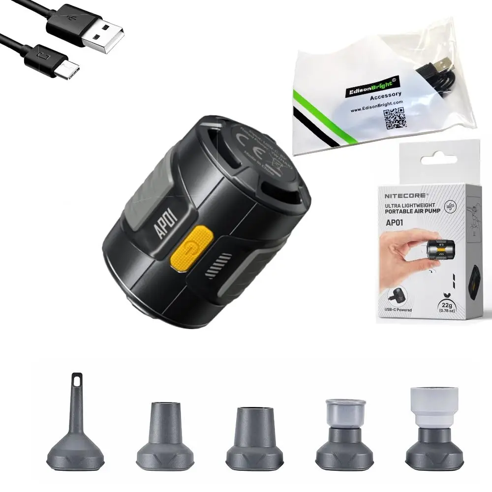 Nitecore AP01 Ultra Lightweight USB-C Powered Portable Air Pump/Inflator, 5 nozzles for Camping Mattress, Pool Floats, w/EdisonBright USB-C Cable