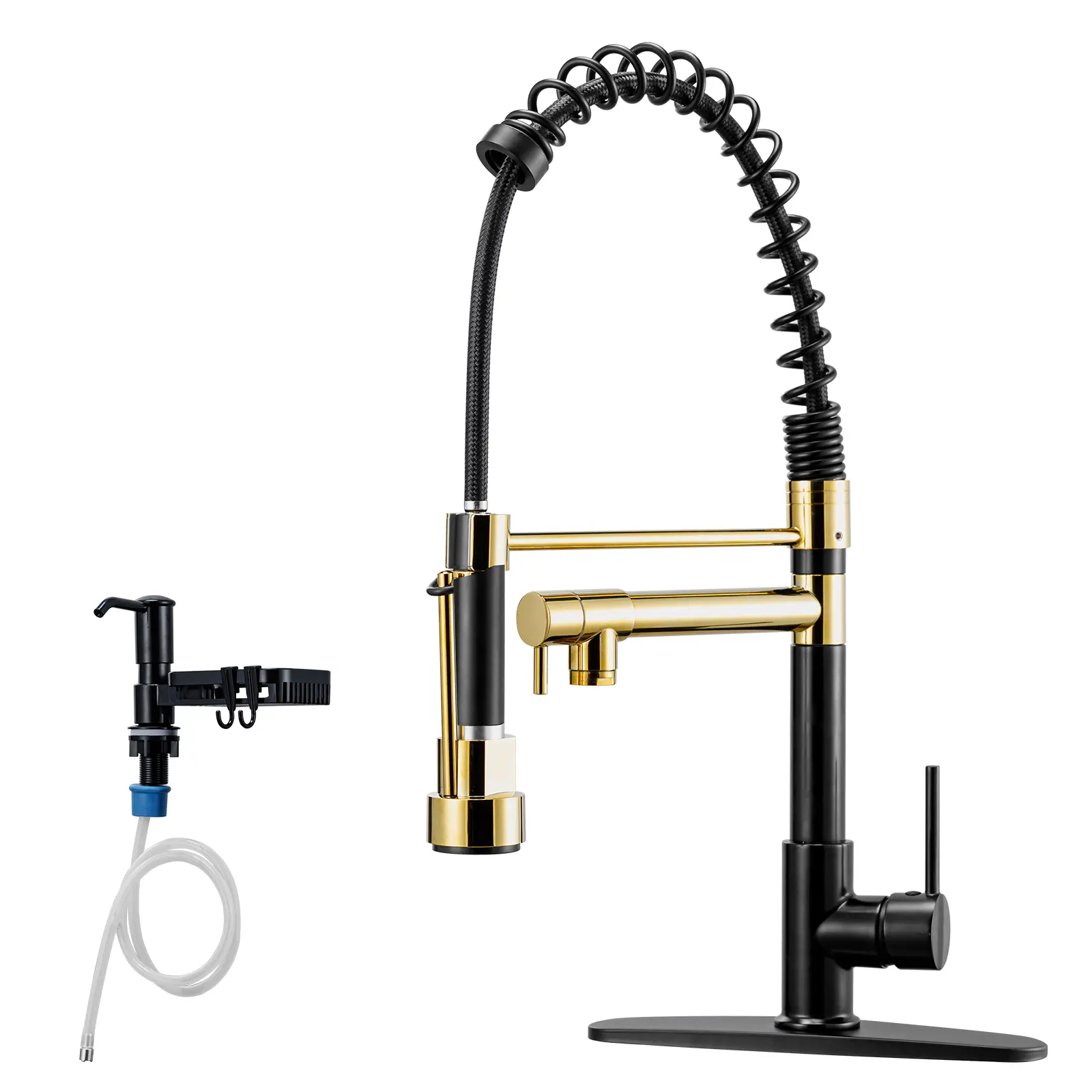 Commercial-style kitchen sink faucet (featuring a pull-out sprayer, four color options, and a single handle); includes a soap dispenser and a base plate for 4-hole installation.