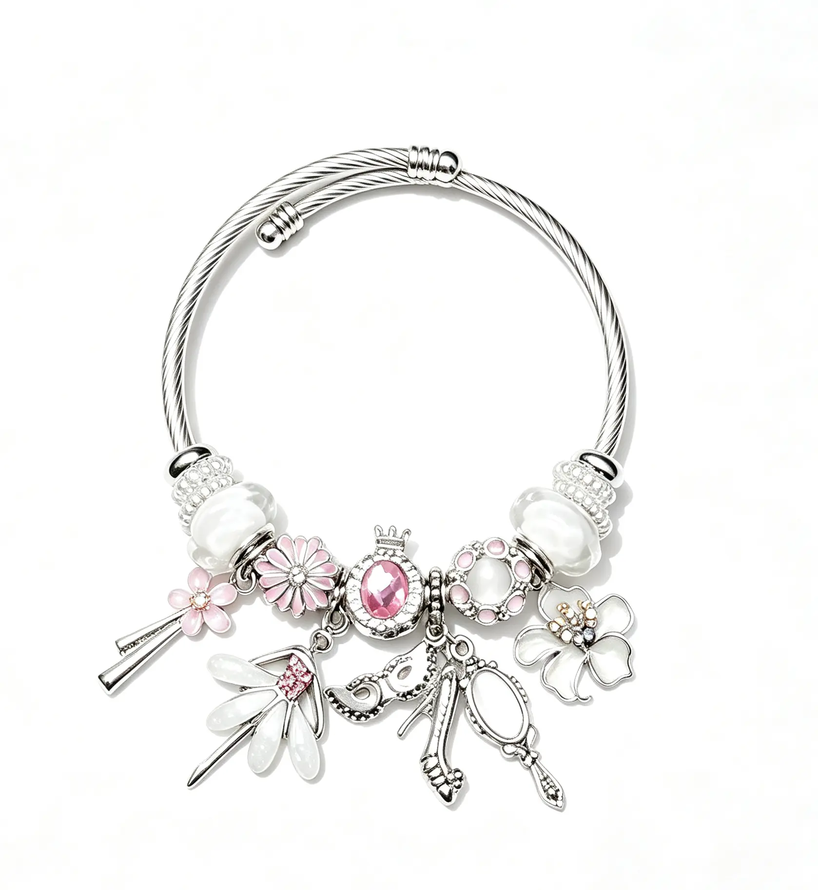 Silver Tone Ballet Charm Bracelet for Women, Pink Crystal Flower Bangle with Ballet Shoe Pendant, Elegant Fairycore Jewelry Gift for Her