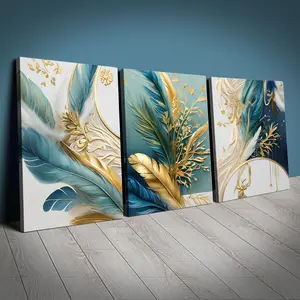 Modern Abstract Feather Canvas Art Set, & Feathers Design, Wooden Frame Wall Decor for Living Room Bedroom Bathroom