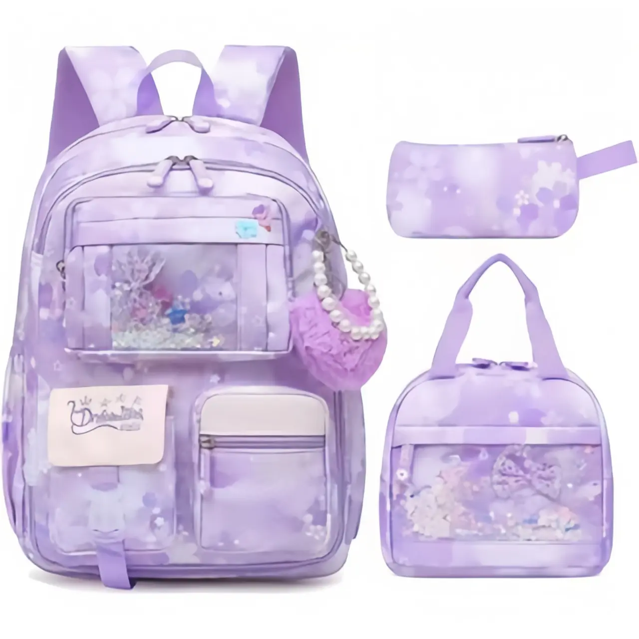 Backpack with lunch bag and pencil case |   Cute Anime Backpack, Large Capacity School Bag with  Character Heart Pendant, Durable, Zipper Closure, Can Be Hand Washed or Professionally Dry Cleaned A Pop A Popular Birthday