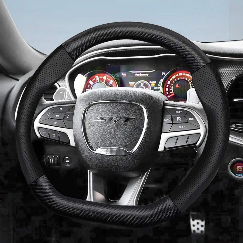 For Dodge Steering Wheel Cover Frosted Carbon Fiber Textured Leather Combined with Perforated Breathable PU Leather Interior Fits Charger/Durango/Hornet/Attitude/Journey Black Burgundy Steering Wheel Wrap, Car Accessories