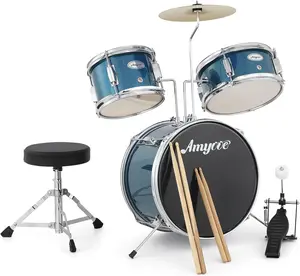 Gaomon 3-Piece Portable Kids Drum Kit - 2 Toms, Cymbal, 2 Drumsticks, Pedal, Throne Stool - Blue Steel Musical Instrument for Boys and Girls