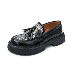 Men's Black Round-Toe Platform Chunky Slip-On Loafers, Fashionable Business Casual Formal Work Shoes, with Tassel, Sparkling Rhinestones, Non-Slip Lug Sole height-increasing bit loafer men gift