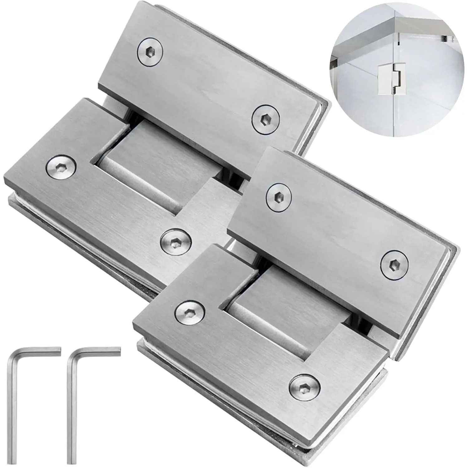 135-Degree High-Flexible Heavy-Duty Frameless Stainless Steel Shower Door Hinges with Wrench Set, Quiet Bathroom Clamps, Non-Slip Gaskets for 8-12 mm Toughened Glass, Rust & Corrosion Resistant, Damage-Protective