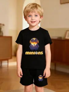 Boys' suit "Minions Business Cool Style" - cartoon suit Minion + MINIONS printed T-shirt + shorts set, handsome and cute, full of contrast, comfortable and eye-catching for daily casual / personality wear