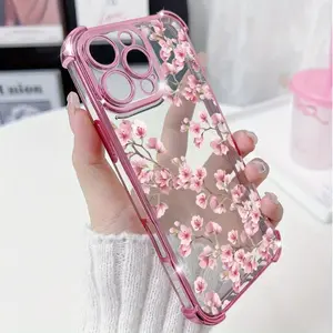Four Corner Anti-Fall Minimalist Cherry Pattern Phone Case for IPhone 16 Pro Max 15 Plus 14 13 12 11 E Shockproof Transparent Electroplated Protective Cover