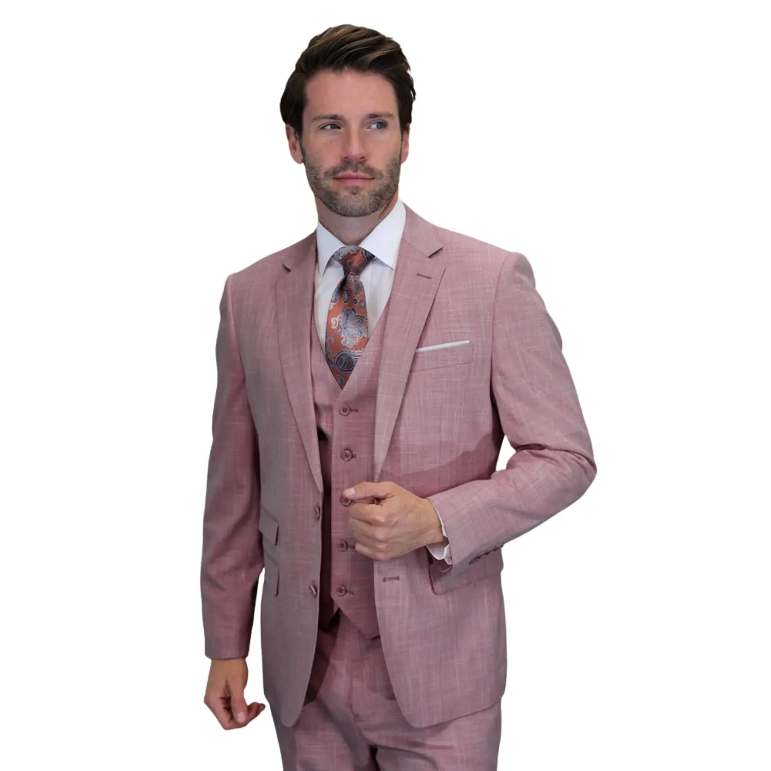 Men’s 3 Piece Sharkskin Suit with Vest - Modern Fit Blush