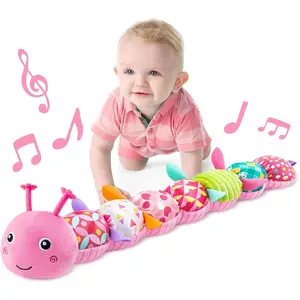Baby Toys Musical Caterpillar,Infant Stuffed Animal Toy with Crinkle and Rattles,Soft Sensory Toys with Textures for Tummy Time Newborn Boys Girls 0 3 6 12 Months(Pink)