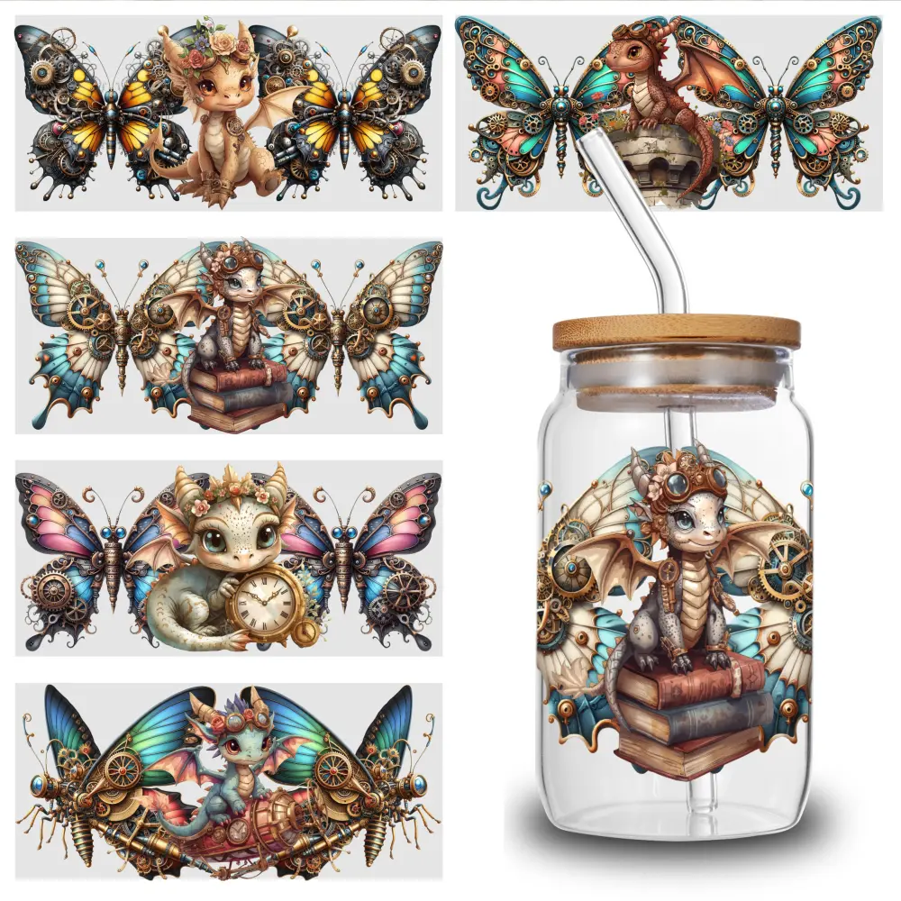 5 Sheets Dragon Butterfly uv dtf transfer sticker Room Decor Unicorn film transfer dtf transfer UV DTF Stickers Decorative Art DIY Water Bottle Glass magnetic
