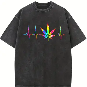 Unisex Weed Funny Cannabis Marijuana Leaf Heartbeat Stoner Tie Dye T-Shirt Casual Top