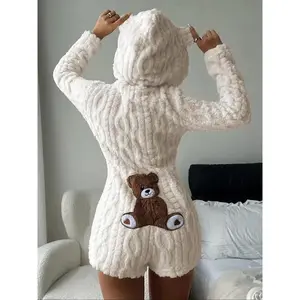 Women's Cute Teddy Bear Embroidered Hooded Fleece Sweatshirt, Comfortable Fashion Design, Perfect Gift for Her, Daily Wear