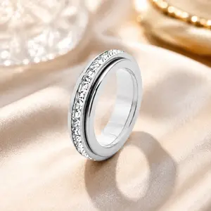 Rotatable Stress-Relief Eternity Ring, Titanium Steel Band with Square Zircons in Sizes 6-9, Spinning Design for Office Work, Cafe Relaxing, and Street Photo Shoots, Perfect Gift