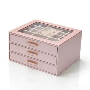 BOOVO Jewelry Box for Women, Glass Lid Jewelry Organizer with 3 Drawers for Necklaces Rings Earrings Bracelets (Rose Gold)