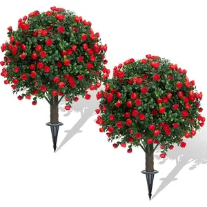 FZHCZWZX Artificial Boxwood Topiary Ball Trees with Red Flowers for Outdoor 22" UV-Resistant PE Material Safe for All Gift-Worthy Decorative Fruit for Garden Yard Porch Patio