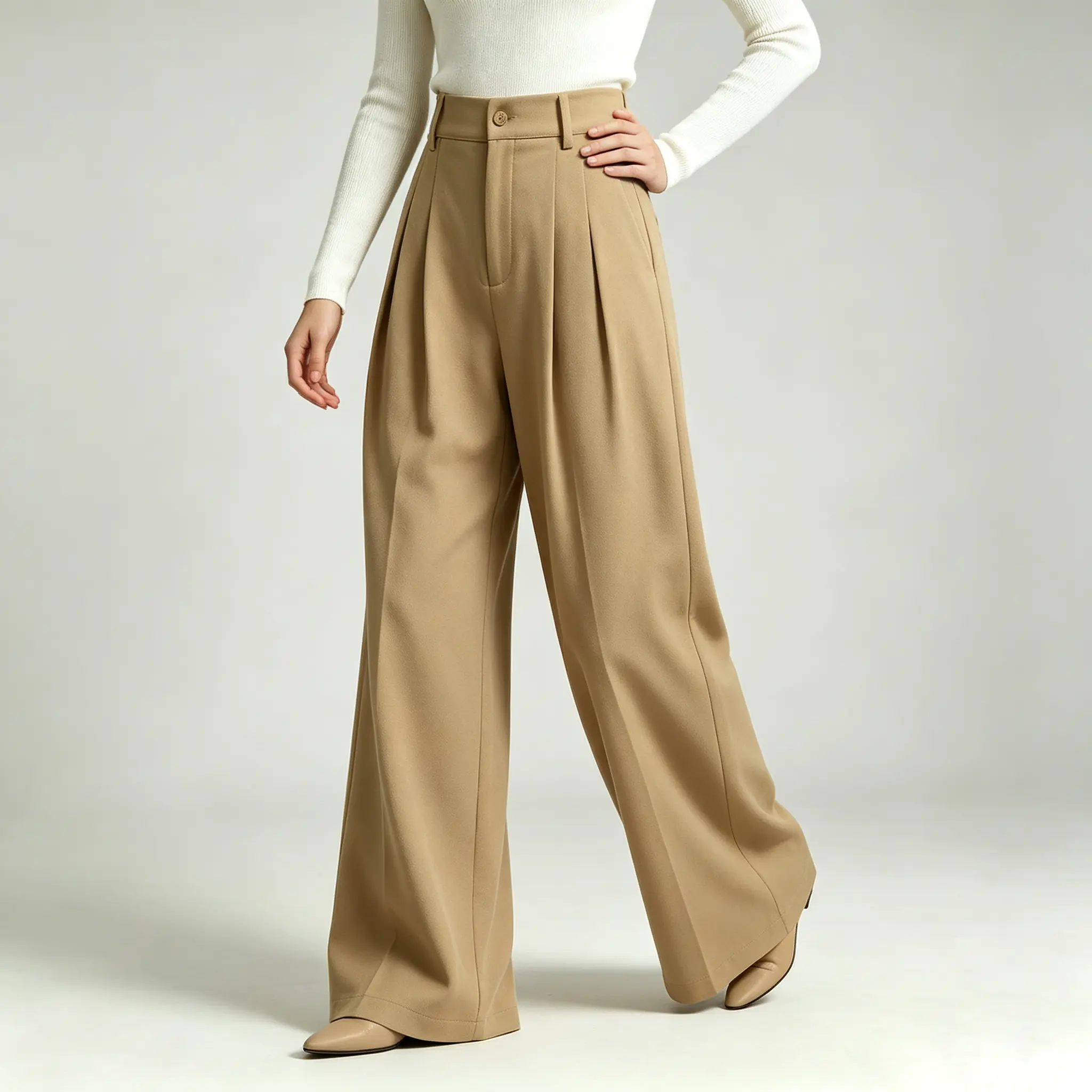 Women’s high-waisted double-pleat trousers for autumn/winter with a drapey feel—wide-leg suit pants that look slimming and conceal the hips, suitable for commuting and floor-length straight suit pants; versatile, elegant long trousers.