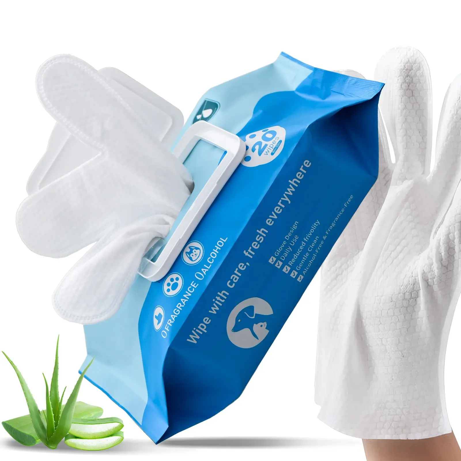 20 Pcs Pet Grooming Glove Wipes for Dogs & Cats - Puppy Wipes, Grooming Products, Rinse-Free Deodorizing Bath Wipes, Thick Plant-Based Cleaning Mitts, Infused with Aloe Vera, Alcohol-Free & Fragrance-Free for Sensitive Skin & Full Body Cleaning