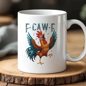 Funny Singing Chicken Coffee Mug, F-Caw-F Rooster Cup, Glossy Black Ceramic Drinkware, Trendy Farm Animal Humor Cup, Perfect Gift for Farmers and Coffee Lovers