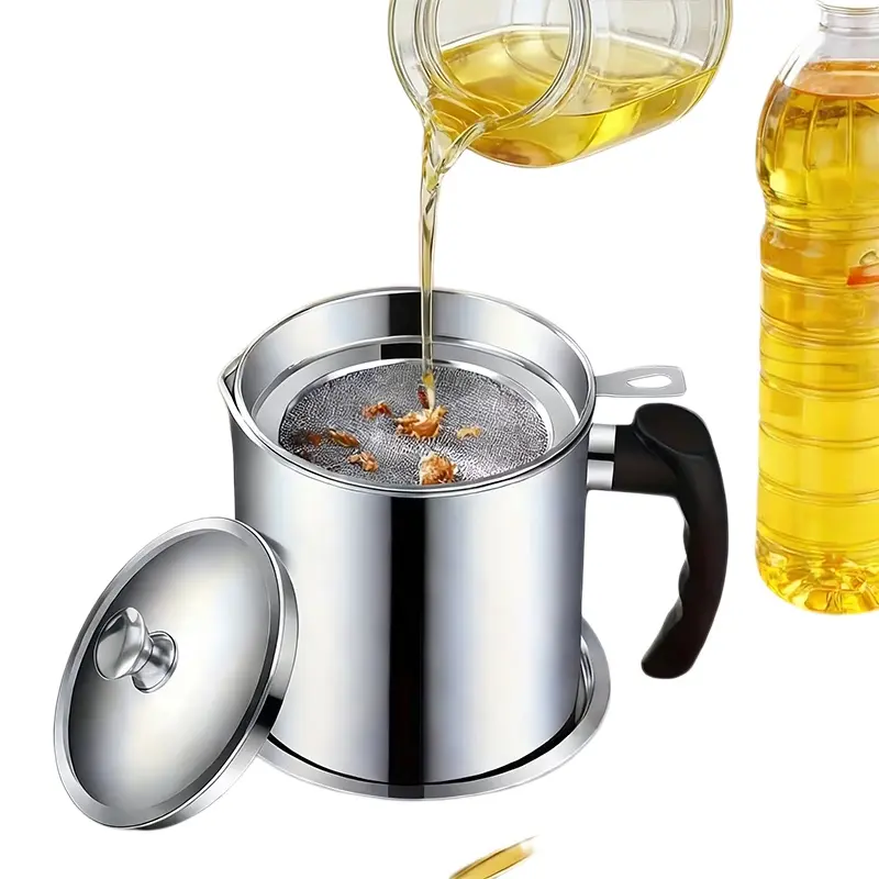 Stainless Steel Kitchen Grease Container with Strainer - Easy-Pour Handle, Ideal for Cooking Oil & Grease Storage, Essential Kitchen Accessory, Grease Can for Kitchen
