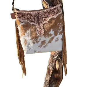 Rio Grande Genuine Leather & Real Hair on Hide Shoulder Bag with Fringes and Detailed Tooled Design