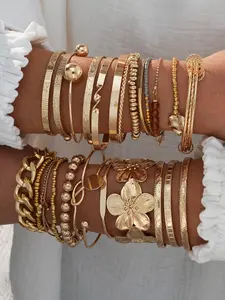 Women's Bracelet Set Chunky Faux Pearl Wide Flower Beaded Chain Boho Style Bangles Jewelry Gift for Daily Date Vacation Party Ramadan Festival