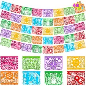 Mexican 108 Feet Party Banners, 6 pcs Plastic Fiesta Papel Picado with 8 Multicolor Plastic Flags per Banner Cinco de Mayo Decor Day of The Dead Decorations, Fiesta Garland for Mexican Party Supplies