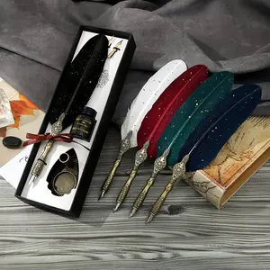 Luxury Feather Quill and Ink Set for Calligraphy, Retro Dip Pen, Boutique Pen, Writing Pen with 2 Nibs and Stand, Elegant Stationery Gift for Writers and Artists