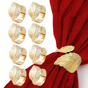 8Pcs Golden Alloy Napkin Rings Elegant Minimalist Leaf Design Napkin Buckles Metallic Shiny High-End Table Decor Luxury Family Dining Kitchen Accessories Ideal for Wedding Party Halloween Christmas Gathering Special Occasion Home Table Setting Gift
