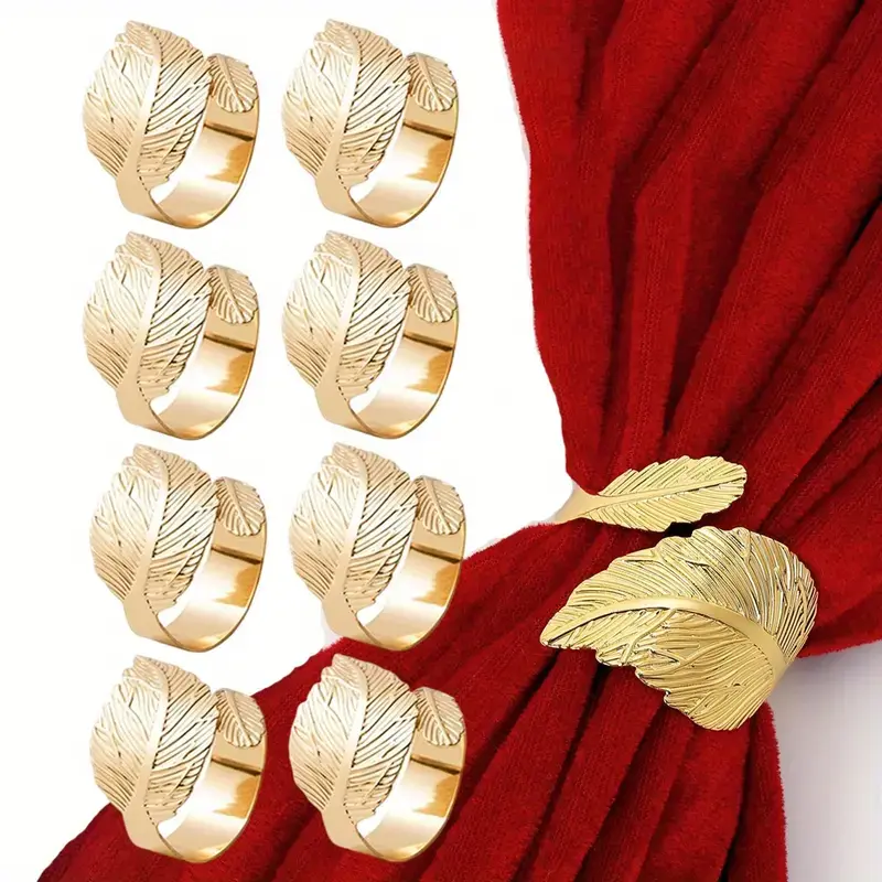 8Pcs Stylish Sturdy Golden Alloy Napkin Rings, Elegant Minimalist Leaf Design Napkin Buckles, Metallic Shiny High-End Home Table Decor for Wedding, Holiday Gatherings, Ideal Family Dining Kitchen Accessory & Gift