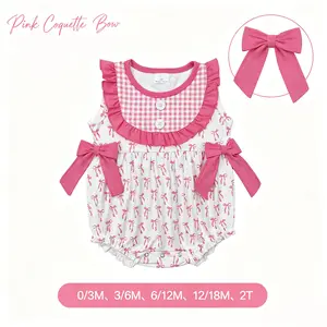 Baby Girl Pink Bow & Gingham Bubble Romper | Coquette Style Sleeveless Outfit For Summer Outdoor Daily Wear