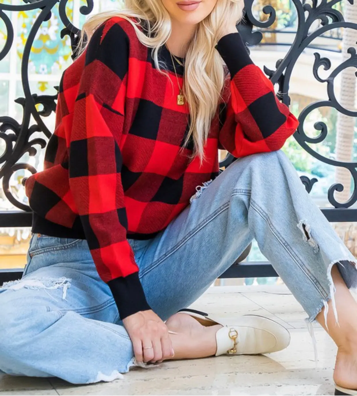 Plus Size Red Plaid Soft Sweater