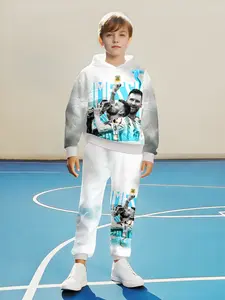 Boys' Football Pattern Printed Casual Sports Set, Messi Print Hooded Long Sleeve Top and Pants, Spring & Fall Outdoor Wear Sweatshirts