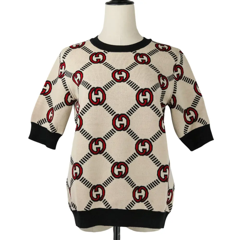 Pre-owned GUCCI Cotton Small Leather Goods Interlocking GG Reversible Short Sleeve Knit Sweater