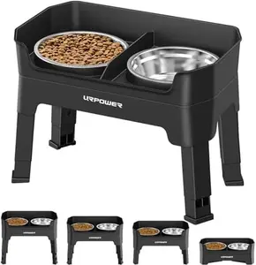 URPOWER 3-in-1 Elevated Dog Bowls - Mess Proof Double Deck 4 Height Adjustable Raised Stand with 2 Stainless Steel Food Bowls & Licking Plate for Small, Medium & Large Dogs