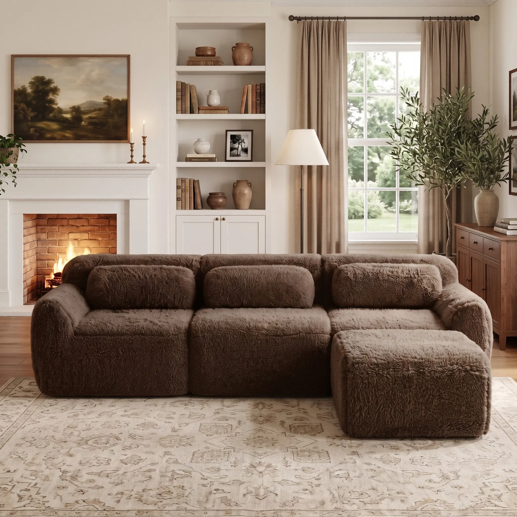 Eyisean 80.4" 2-Seater Modular Sectional Sofa with Ottoman, Comfy Plush Fabric Boneless Loveseat with Non-Slip Bottom & Pillow, L-Shaped Deep Seat Sofa for Living Room, Apartment, No Assembly Required