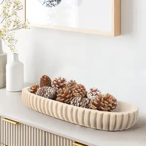Wooden Decorative Dough Bowl for  Decor,  Centerpiece Bowl,  Bowl with Hand Carved Vertical Stripes,  Decor Accents for Farmhouse Boho Rustic Style (16.3"x 6" Light  Color)