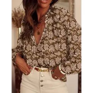 Women'S Tops Casual V Neck Long Sleeve Shirts Floral Boho Blouses Tunics 2025 New Item