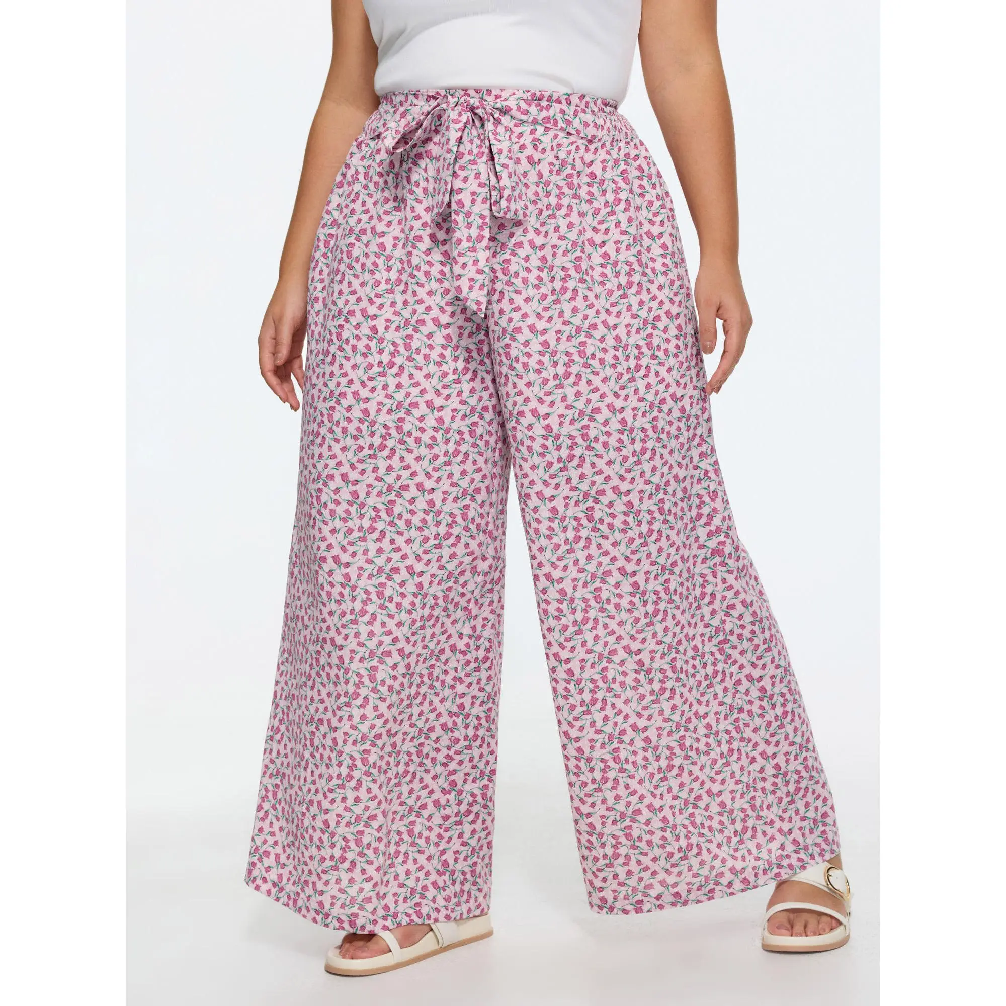 BloomChic Women's Plus Size Ditsy Floral Smocked Tie-Waist Wide-Leg Pants with Pockets, Loose Fit Leisure Summer Wear, Baggy, Oversize, Plus Size Clothes, Curvy Clothing, Fabric, Spandex, Bottoms, Polyester, Oversized, Smooth, Garment, Mid Rise, Lace Up,