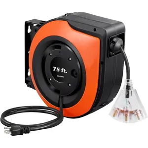 Retractable Extension Cord Reel, 75 FT Heavy Duty Power Cord, 14/3C SJTOW, Lighted Triple Tap Outlets, 10A Circuit Breaker, Wall/Ceiling Mounted for Garage, Workshop, UL Listed