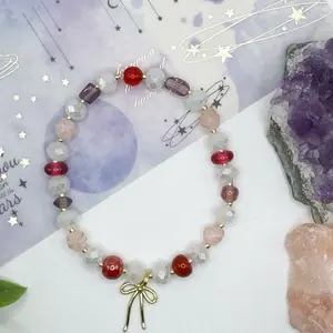 Ballerina Dream Gold Bow Charm Beaded Bracelet Aesthetic Coquette Lavender Beads Shimmering Crystals Elegant Fun Stretchy 8"