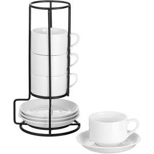 2.5oz Porcelain Stackable Espresso Cups with Saucers and Metal Stand Set of 4, Stackable Cappuccino Cups, White Expresso Shots Cup Set for Coffee Drinks, Latte,
