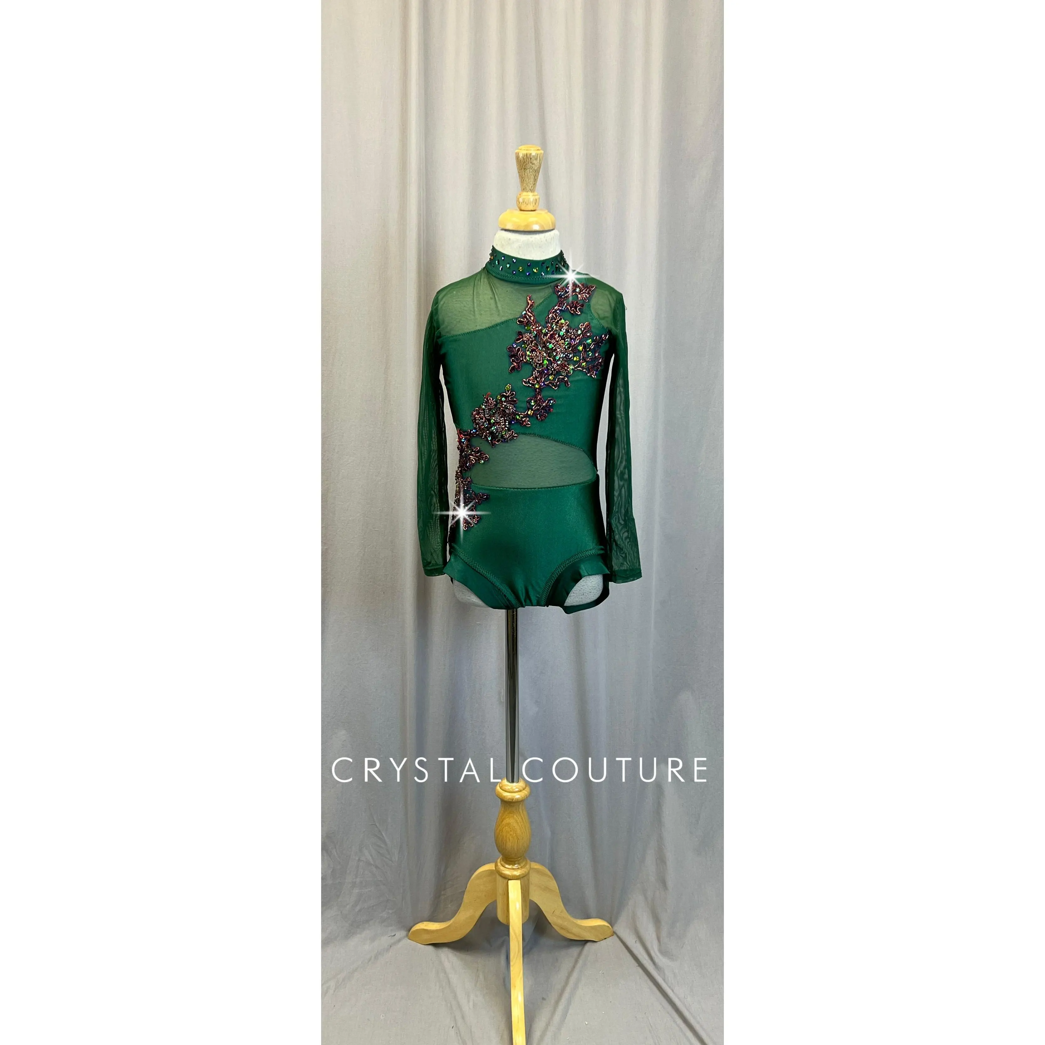 Custom Green Mesh and Lycra Long Sleeve Leotard - Appliques - Rhinestones