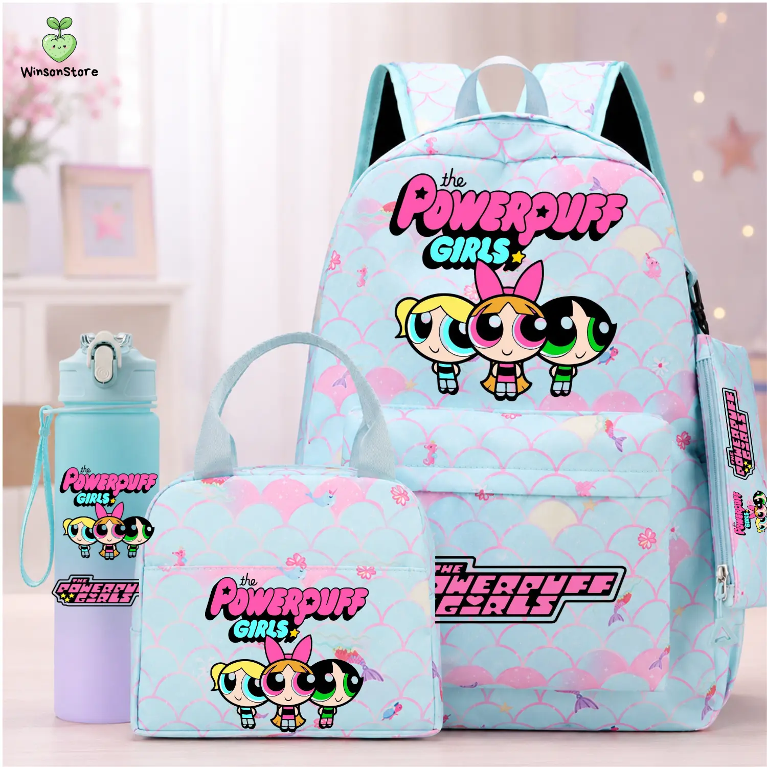 The Powerpuff Girls 3PCS Kids Backpack Set with Lunch Bag & Water Bottle | Cartoon School Backpack for Girls | Lightweight Bookbag Gift