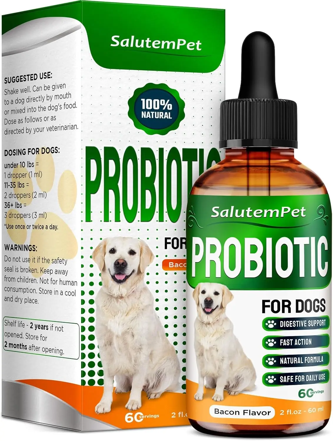 Probiotics for Dogs Liquid Probiotics for Dogs and Puppies Prebiotic & Digestive Enzymes Gut Flora Support and Digestive Care Bacon Taste 2 Oz