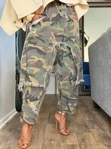 Women's Camo 2 In 1Cargo Demin Pants -High Elastic Waisted Distressed & Frayed| Loose Fit Streetwear Ripped Jeans With Oversized Pockets| Y2K Casual Trousers