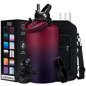 128 oz Insulated Water Bottle - 32/40/64/87oz Stainless Steel Water Bottles with Straw & Spout Lids, Paracord Handle, Carrier Bag with Strap, Protective Cup Mat, Metal Gallon Water Flask Keep Cold-48H & Hot-12H