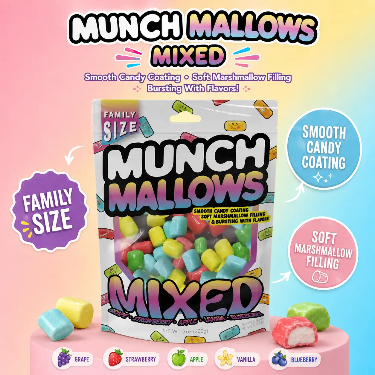 Viral Munch Mallows Sweet Grape Bite-Sized Candies, Mixed Flavor Snack Marshmallows  Crunchy Fruity Mix