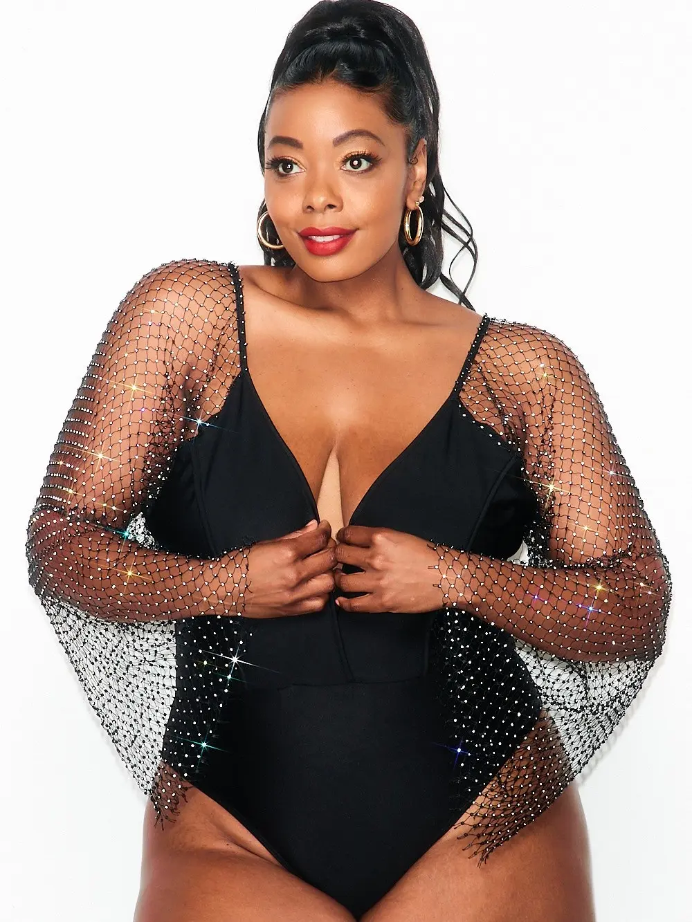 PLUS SIZE RHINESTONE BODYSUIT Black classy Sparkling Stretchy Sheer Mesh Pink