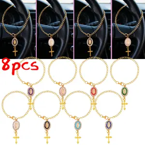 8Pcs Steering Wheel Rosary Charm Accessory Bracelet, Cross Car Mirror Hanging Accessories Blessing Auto Rear View Mirror Pendant Car Decor Interior Accessories